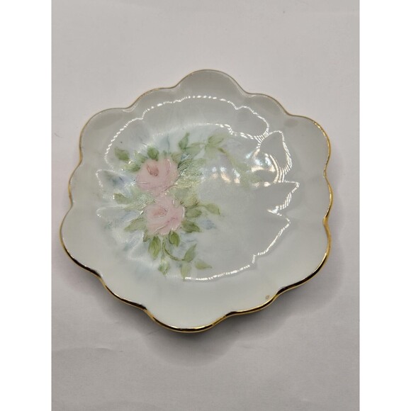Pink Roses Hand Painted Hand Made Porcelain Trinket Tray 1999 14K Lined Signed - Picture 2 of 9